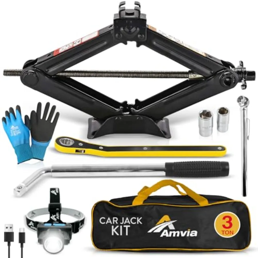 

Car Jack Kit Scissor Jack for Car 3 Ton 6600 lbs - Tire Jack Tool Kit Portable Ideal for SUV and Auto - Universal Kit with Lug