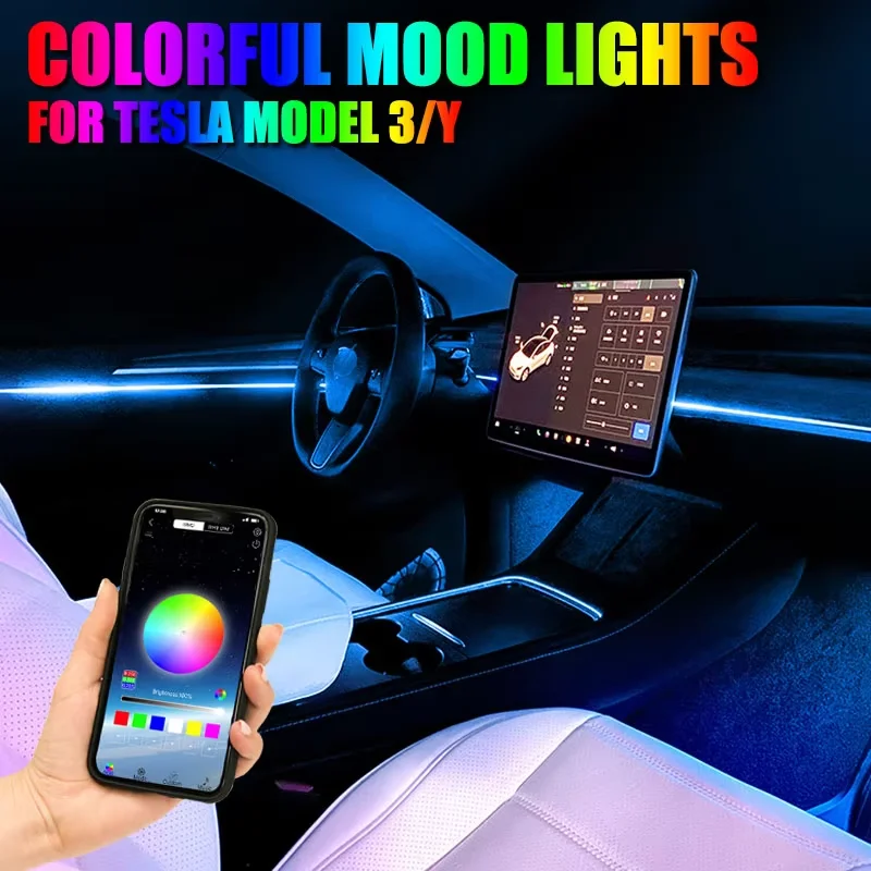 

Car Ambient RGB LED Decoration Atmosphere Light Interior Acrylic Strip Light Center Console Dashboard Lights For Tesla Model 3 Y