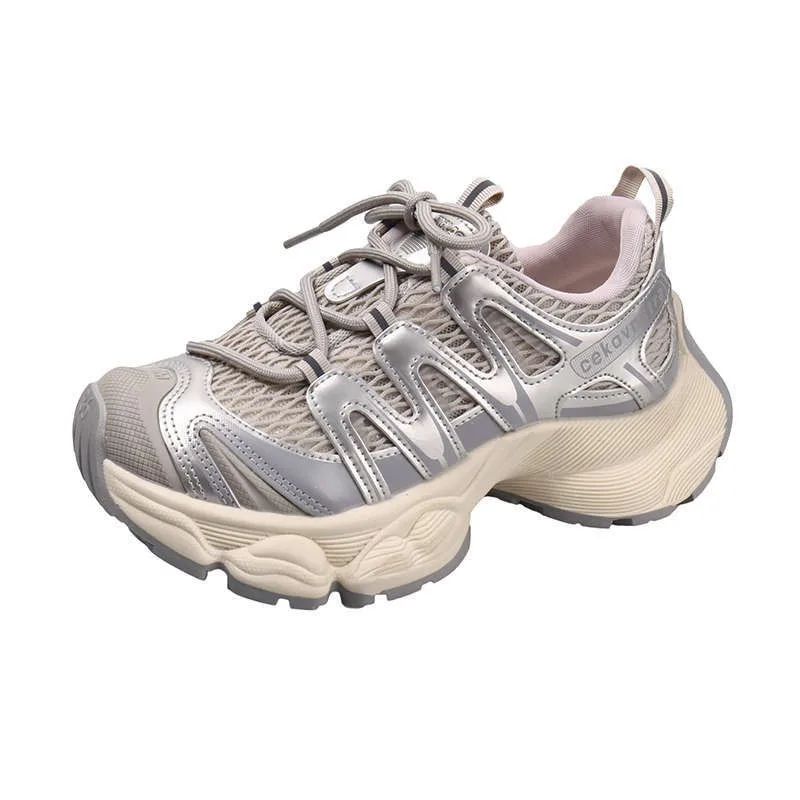 

Дышащие сетчатые кроссовки на толстой подошве для женщин, осень 2026, на массивной платформе, со средним каблуком, комфортные, мягкие, на шнуровке, для бега