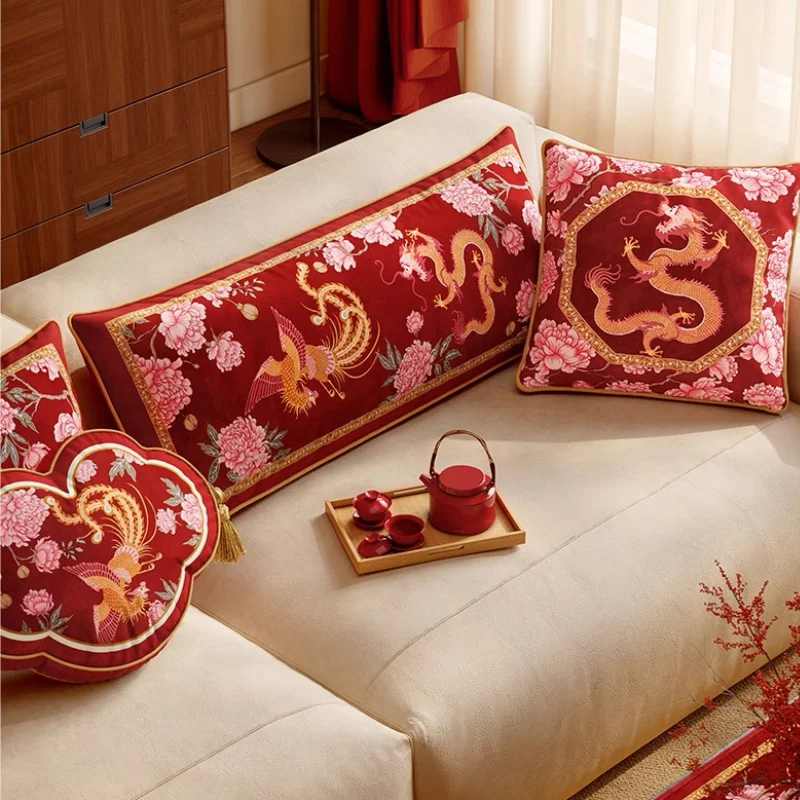 Chinese Joyful Red Pillows Dragon Cushion Wedding Room Decorative Pillow Cover For Sofa Chair Bedding Home Decorations