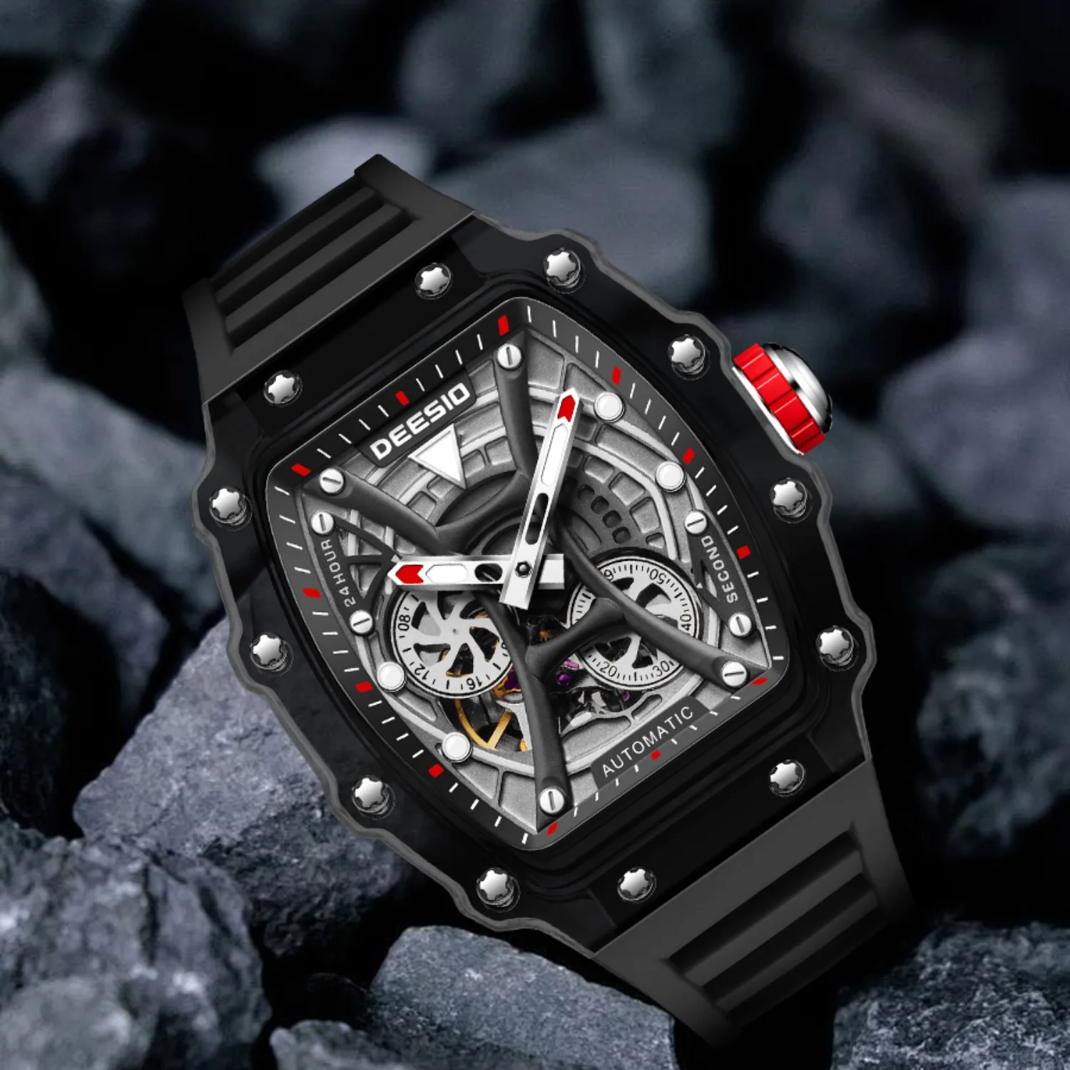 Deesio Wine Barrel Shaped Transparent Case, Fully Automatic Mechanical Watch Durable Watch Strap Fashion and Trendy Men's Watch