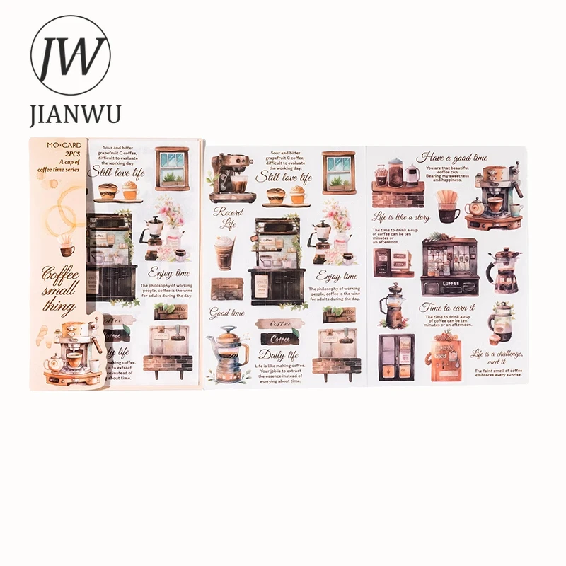 JIANWU 2 Sheets A Cup of Coffee Series Vintage Character Material PET Transfer Sticker Creative DIY Journal Collage Stationery