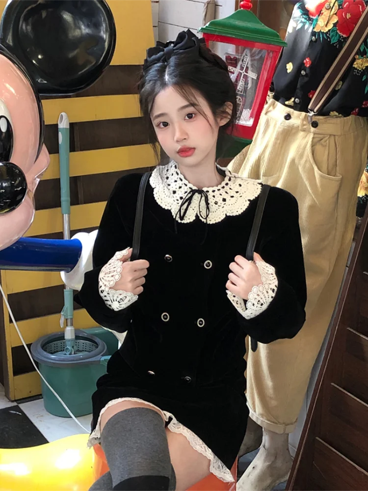 Black French Sweet Two Piece Set Women Lace Patchwork Vintage Kawaii Party Skirt Suit Female Chic Y2k Mini Skirt Set Winter 2022