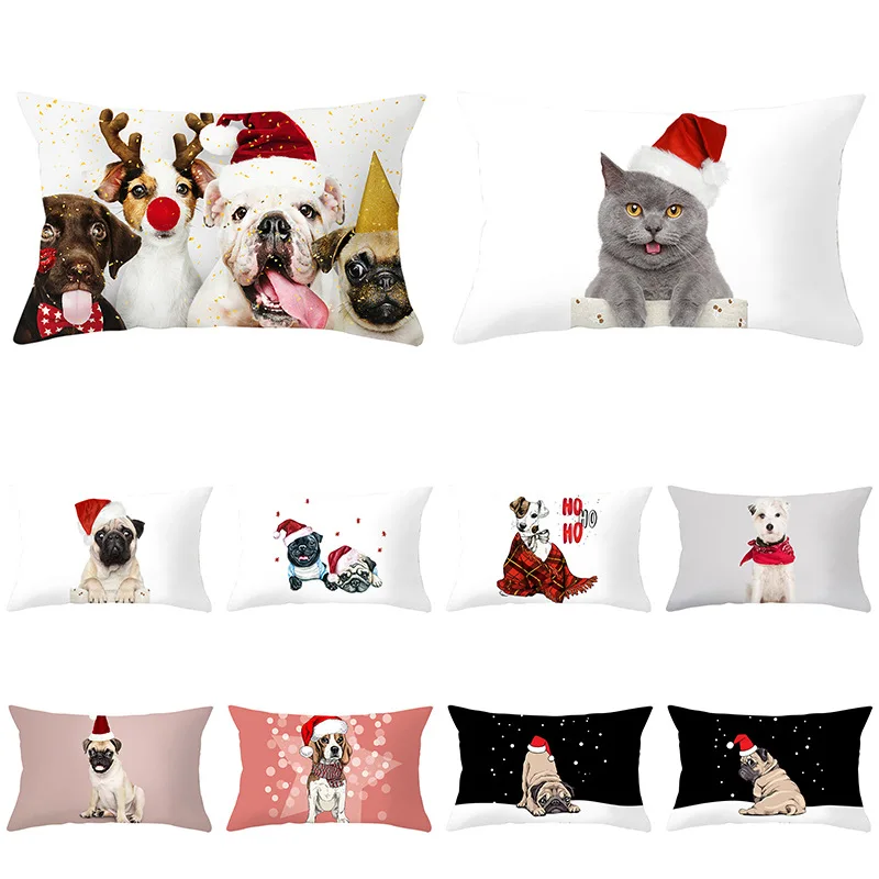 

Lovly Pet Xmas Decor Pillowcase 30x50cm Funny Dogs and Cats Printed Cushion Cover Winter Holiday Lumbar Pillow Cover for Couch