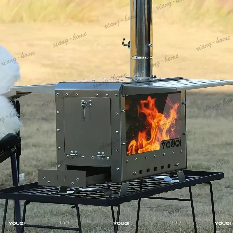 FG 2026 Outdoor Camping Firewood Stove Pine Base Stainless Steel Double Wings Tabletop Wood Burning Stoves Tent Wood Stove