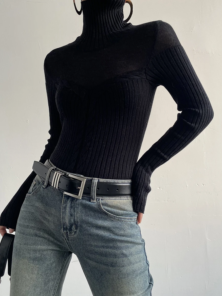 

Acupstudio Jiangyou Upper f Transparent Small Twisted Knitted Base irt Women's Slim Fit High Collar Sweater Street Sle...
