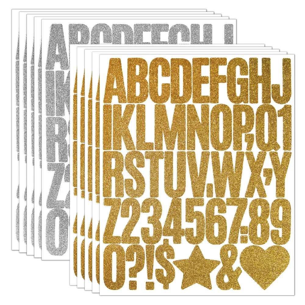 5 Sheets English Letter a-Z Glitter Letter Stickers Sparkling 2/1.5 Inch Alphabet Big Letter Stickers Gold Self Adhesive