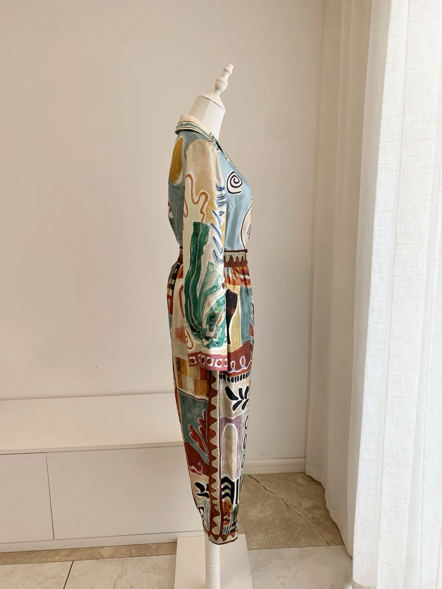 Women 100% Silk Cartoon Print Single Breasted Long Sleeve Blouse Or Ankle-Length Pants