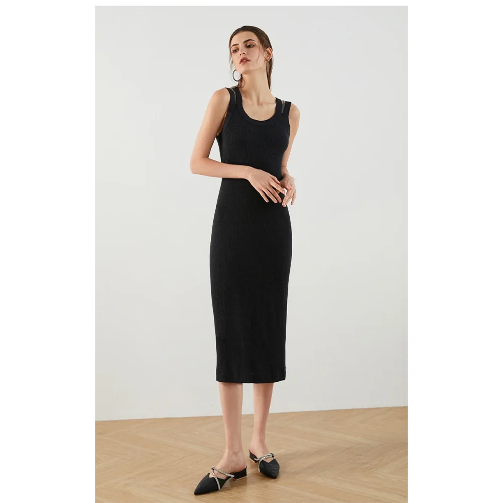 2024 Elegant Women's Clothing Slim Fit Knitted Dresses Merino Wool Silk Vest Long Dress