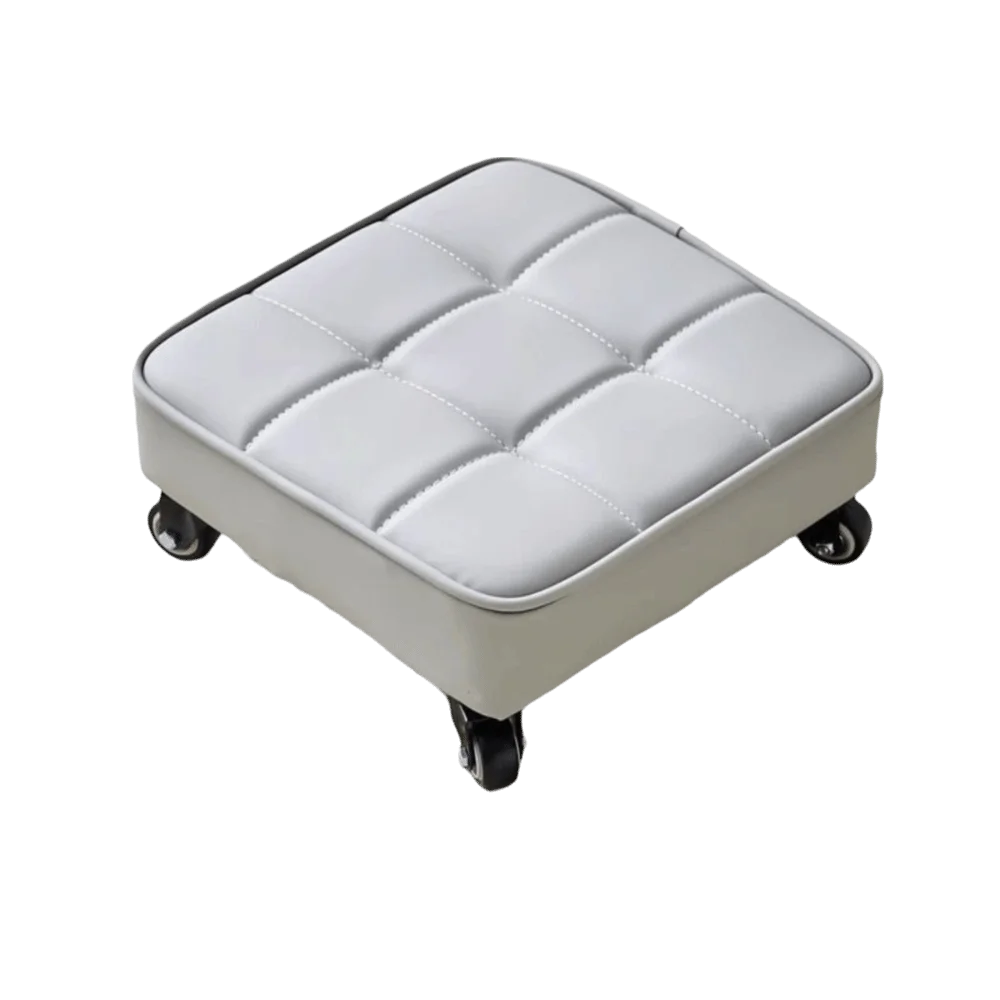 Upholstered Swivel Caster Stool Rounded Edges Square Shape Low Sliding Bench 360° Stitched Wheeled Short Bench Grout Work