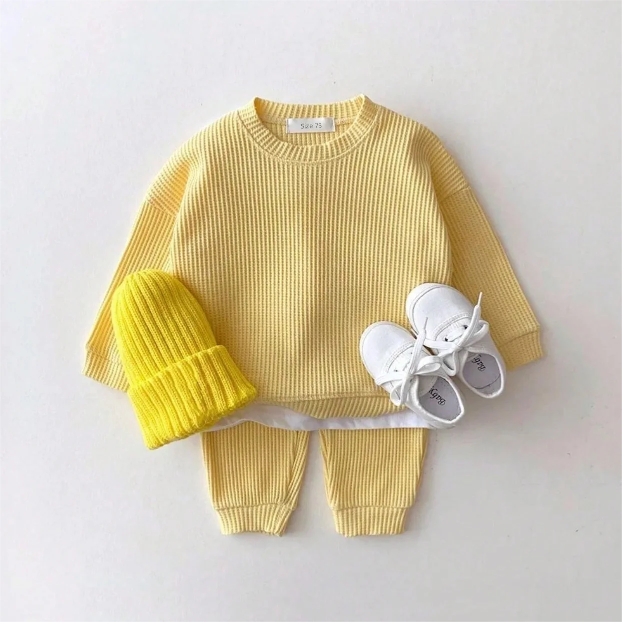 2023 Korean Baby Cotton Kintting Clothing Sets Mock Two-piece Waffle Cotton Kids Boys Girls Clothes Sets Tracksuit Tops+Pants