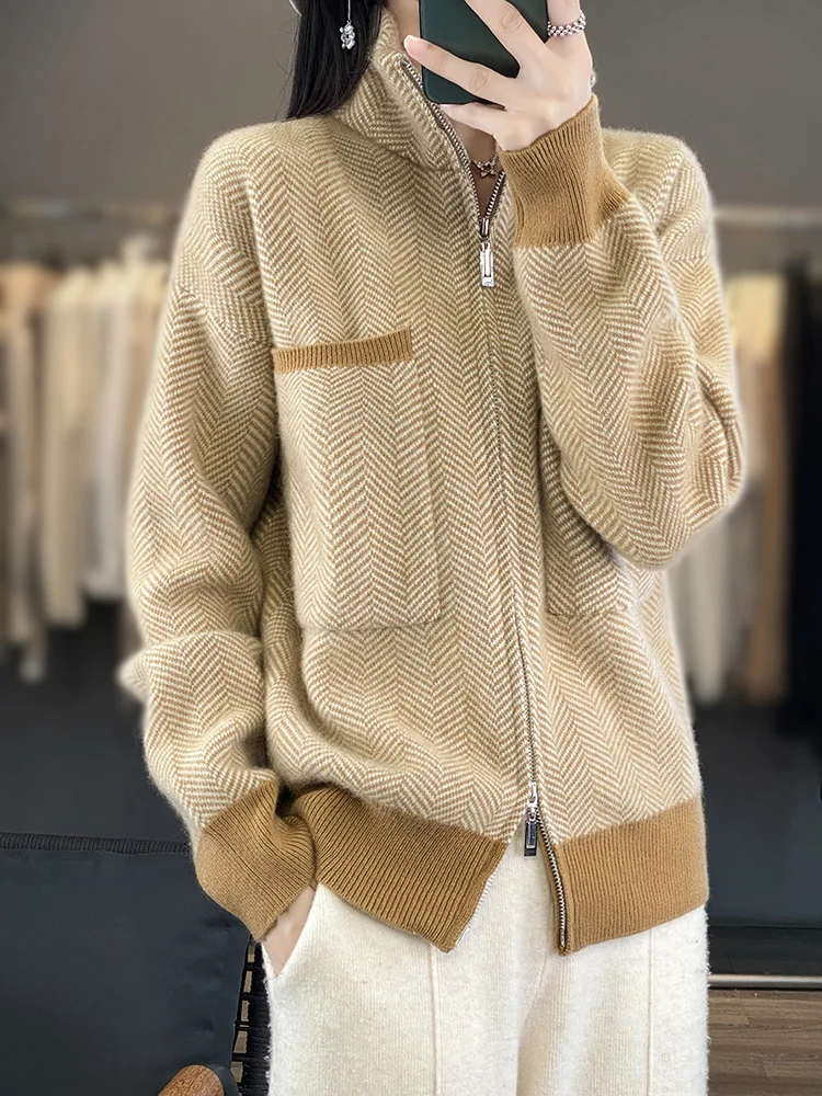 New Fashion Women\'s Jacket Zippers Casual Cardigan Autumn Winter Thick Warm 100% Merino Wool Loose Pocket Cashmere Knitwear Tops