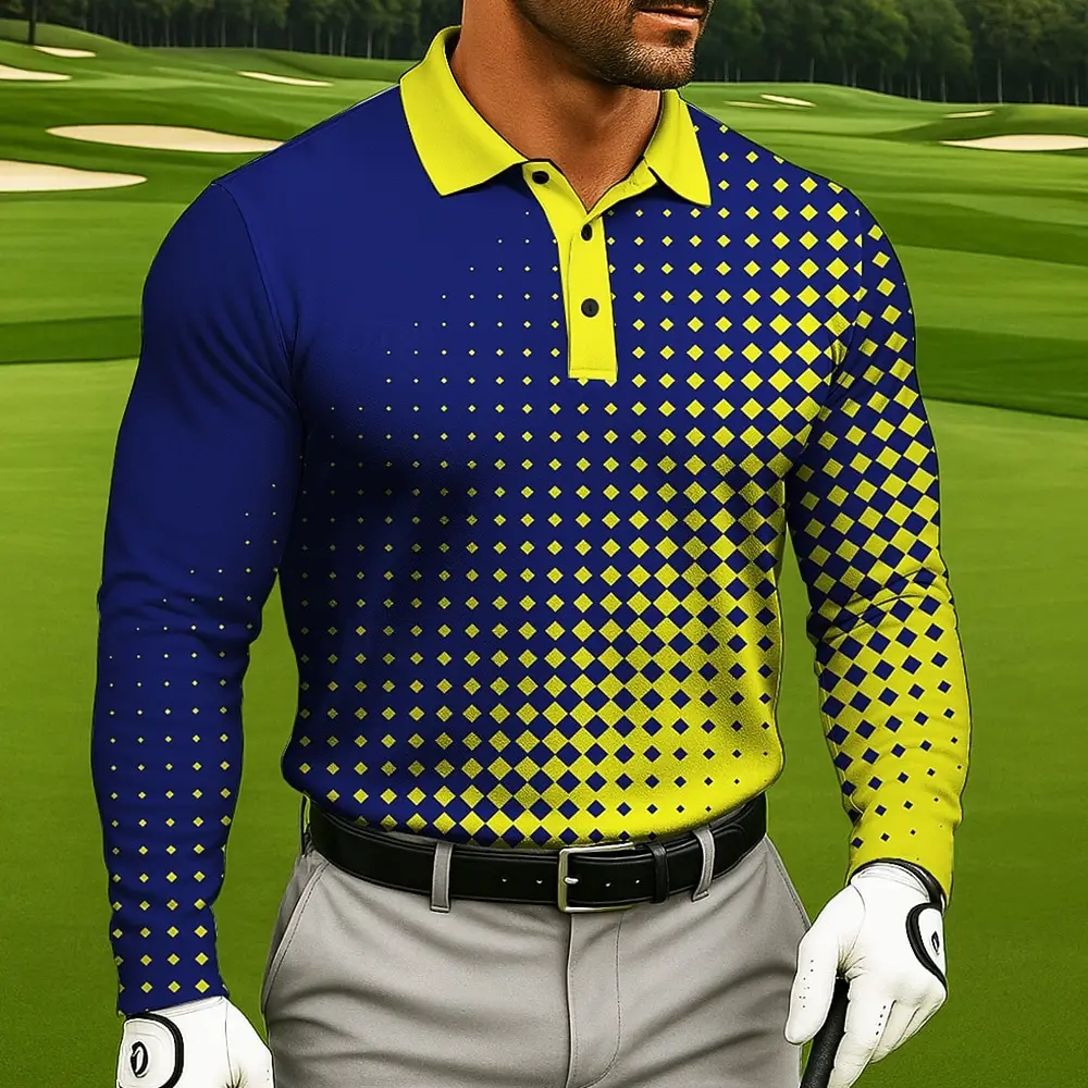 

Рубашки-поло для гольфа с 3D принтом градиентного цвета, топы с длинными рукавами для занятий спортом на открытом воздухе, осенняя свободная повседневная одежда с лацканами и пуговицами