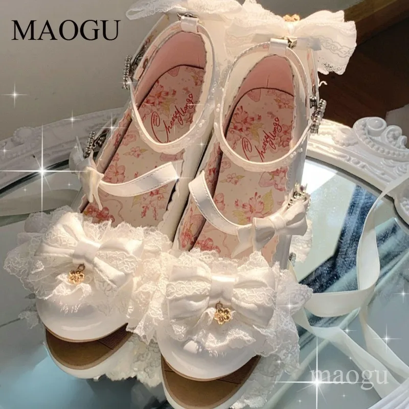 Japanese Style Women's Large Size34-42 Kawaii Lolita Mary Jane Shoes Bow Heart Buckle Chunky Heel Cosplay Shoes Zapatos De Mujer