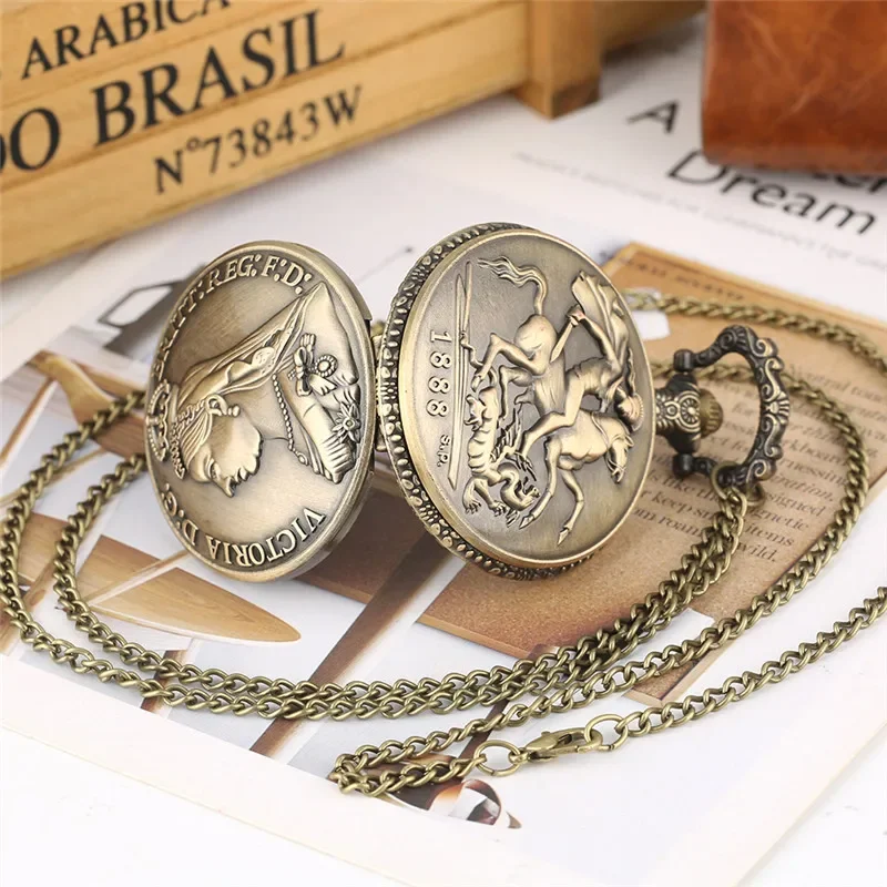 Antique Victoria Queen of England Full Hunter Men Women Analog Quartz Pocket Watch Necklace Pendant Chain Souvenir Timepiece