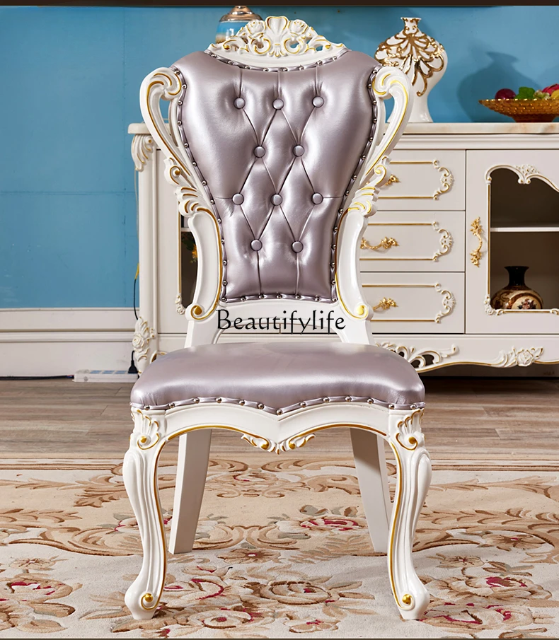 

European dining chair American full solid wood carving flower paint armrest back chair