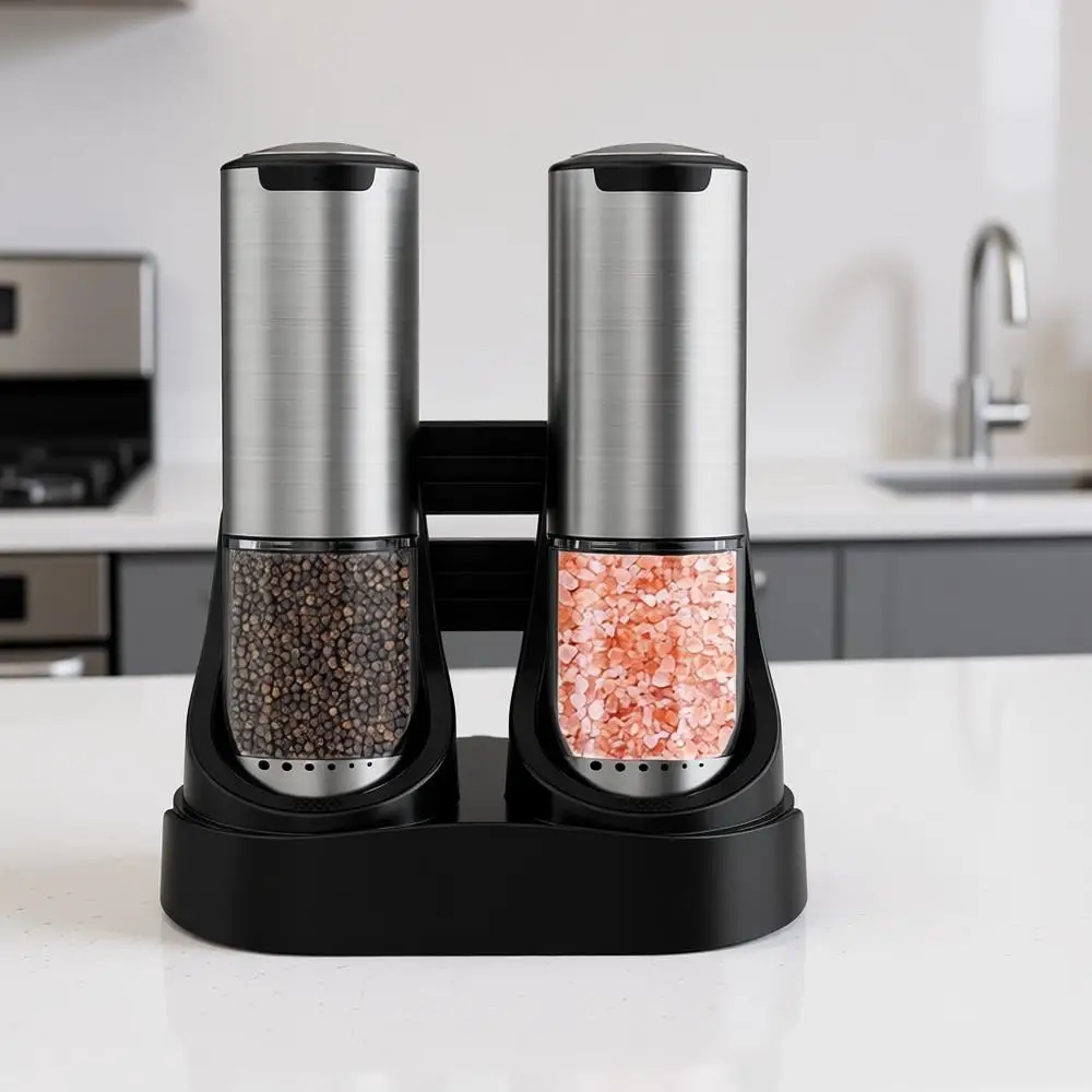 

Rechargeable Salt and Pepper Grinder Set with Adjustable Coarseness and LED Light