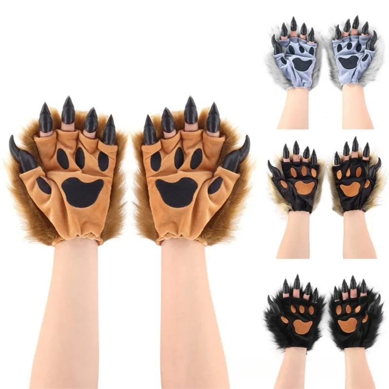 ZOETOPKID Fluffy Beast Claws Gloves with Nails Half-Finger Animal Paw Halloween Cosplay Gloves Furry Costume Accessories