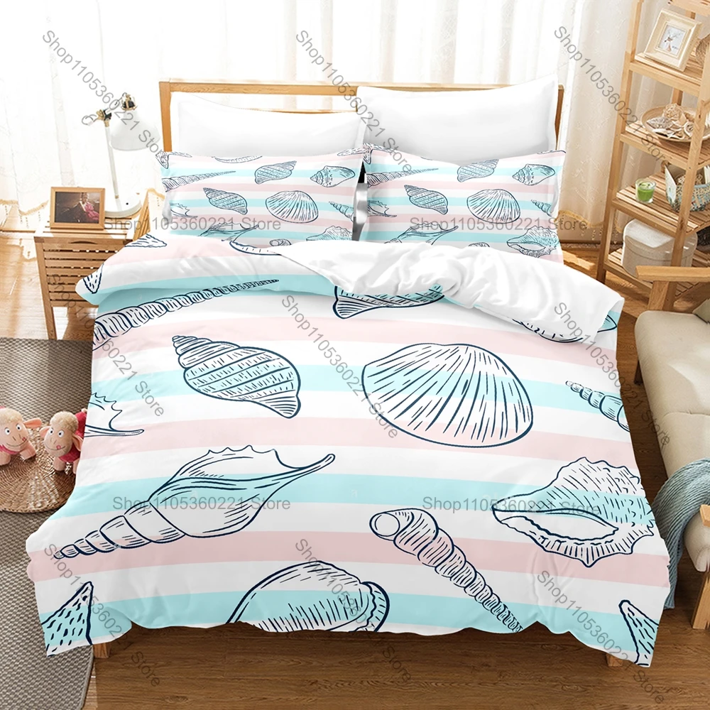 Kawaii Cartoon Shell Three Piece Bedding Set Luxury Comforter Set with Queen King Size Cool Two household goods Anime Ocean Anim