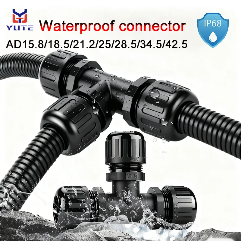 Bellows Waterproof Connector T-shaped Tee Nylon Plastic PA66 Hhose Wave-proof Pipe Connector Grand Lock IP68 Waterproof  Dust