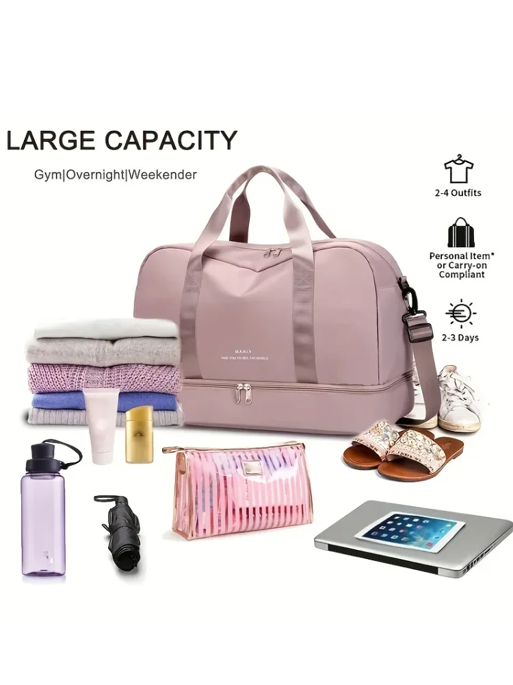 Expandable Travel Duffle Bag for Women, Sports Handbag, Fitness Bag, Large Capacity, One Shoulder Weekend Overnight Bag