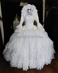 Elegant White Victorian Prom Dresses Vintage Ruffled Puffy Marie Antoinette Tiered Corset Lace Up Masquerade Evening Gowns