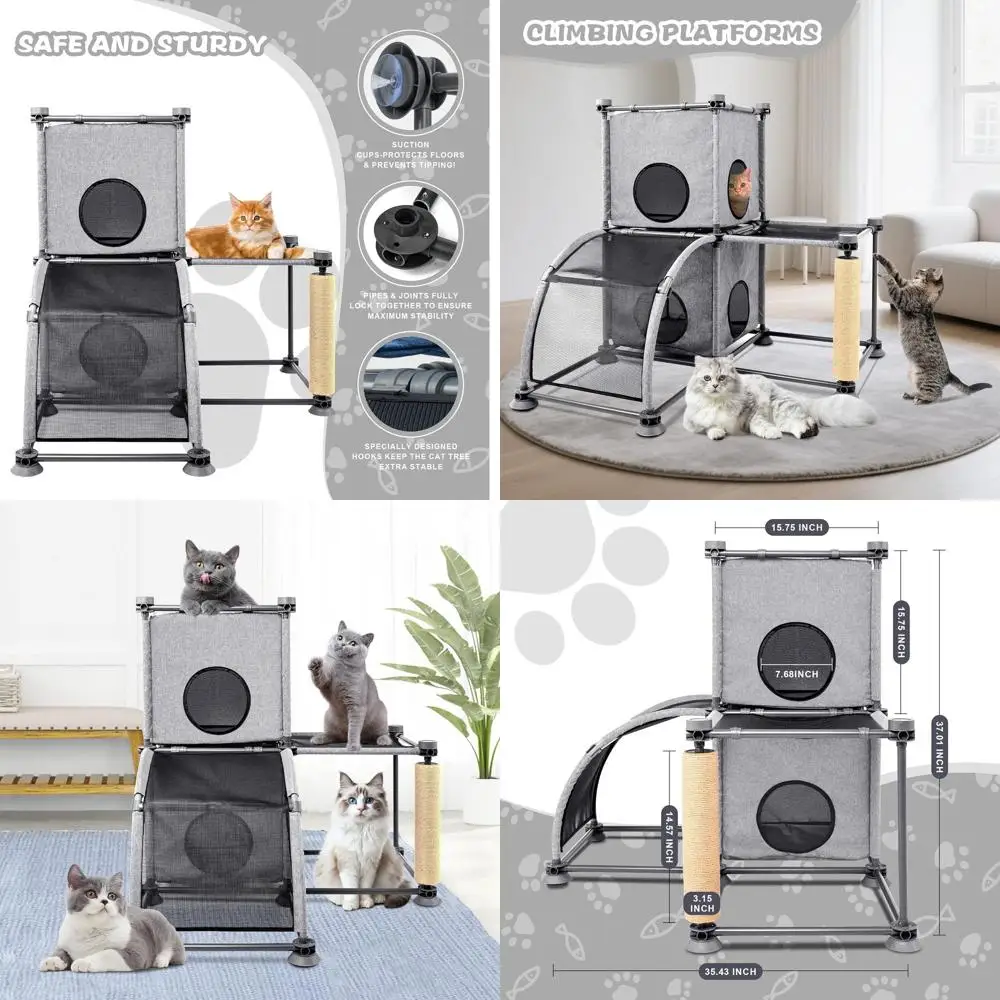

Dual-Level Cat Tree with Hammock and Scratching Post - Outdoor/Indoor Cat Condo with Ladder, Grey