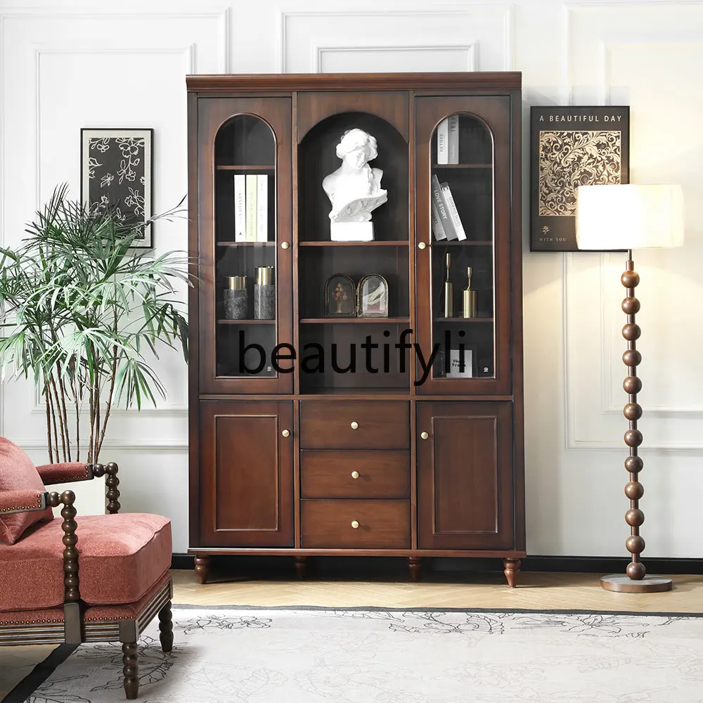 American solid wood bookcase household study storage cabinet glass door three door bookcase retro storage display cabinet