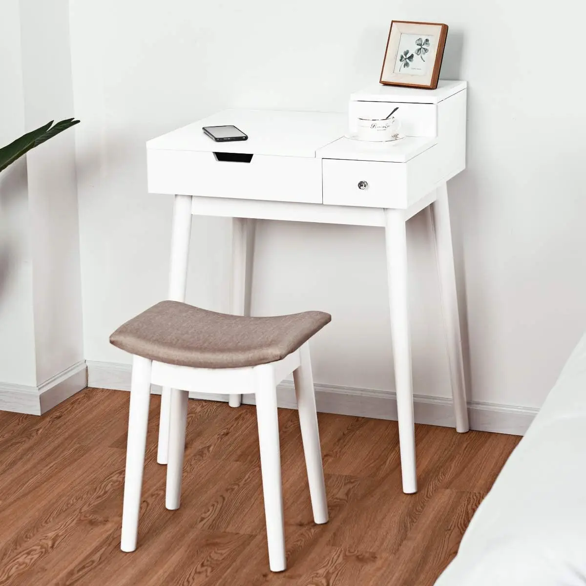 طقم طاولة زينة بيضاء مع مرآة، سطح قابل للطي، درجين، مقعد مبطن، منظم تخزين كبير لغرفة النوم أو الحمام #3