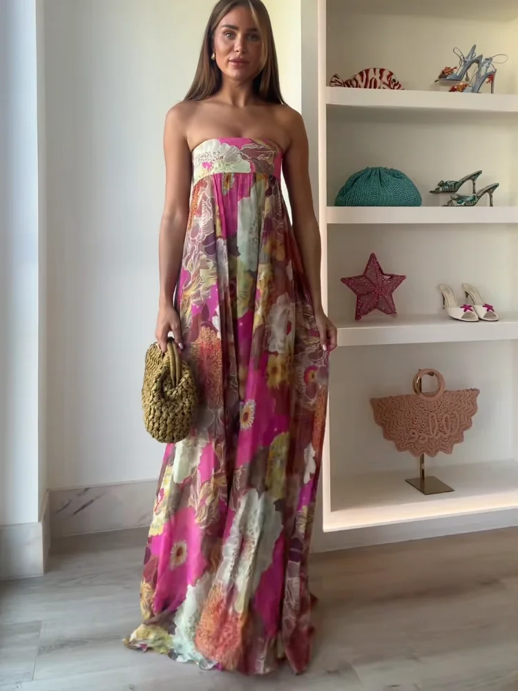 Vestido largo sin tirantes estampado a la moda para mujer, vestido elegante con hombros descubiertos y espalda descubierta, vestido de cintura alta sin mangas, novedad de verano, traje de fiesta para mujer