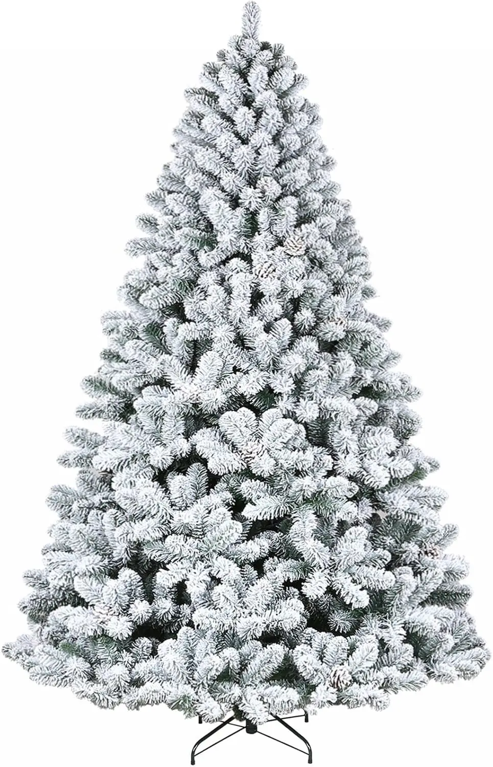 

6.5 ft Snow Flocked Artificial Christmas Tree with Pine Cones, 764 Tips, Metal Stand and Hinged Branches