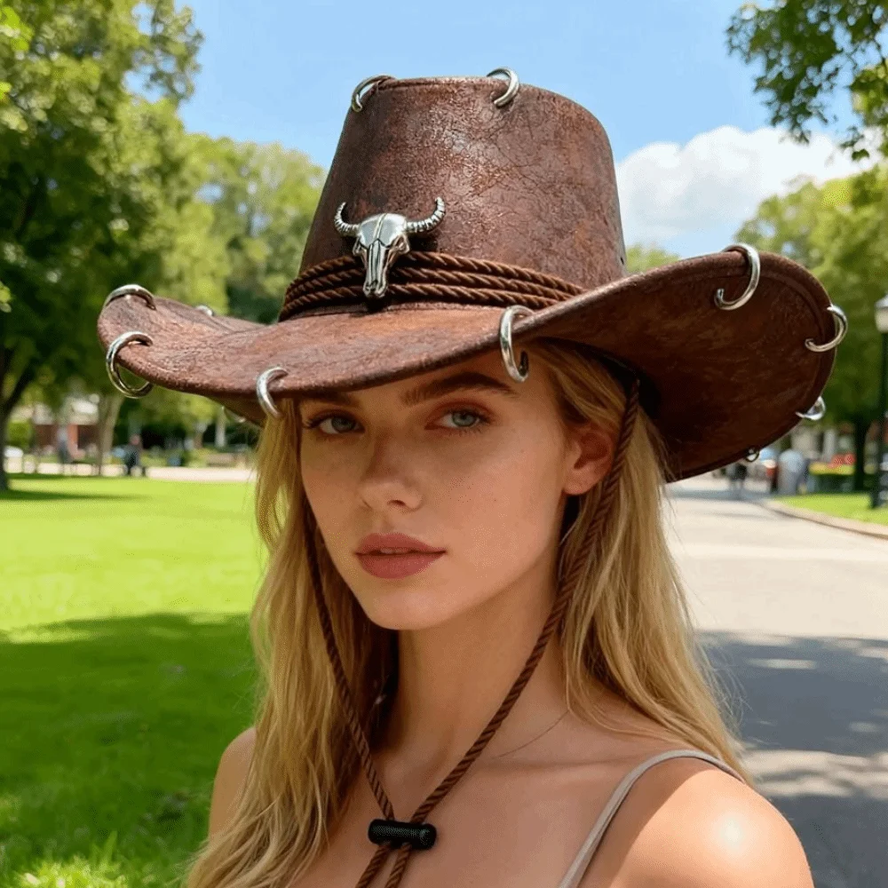 Shadow Hat Wide Brim Western Cowboy Hat Pu Leather Solid Color Panama Cap Ethnic Style Punk Summer Hat Outdoor