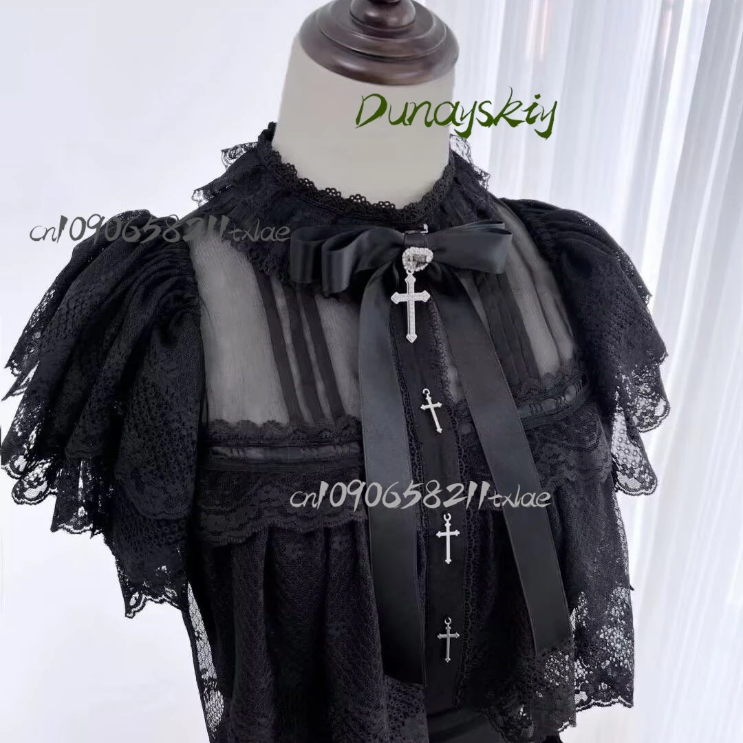 Jirai Kei النمط الياباني لوليتا فستان الدانتيل المرقعة قبالة الكتف تصميم ربطة القوس فيونكة فستان مربوط الخصر تنورة طويلة هالوين تأثيري