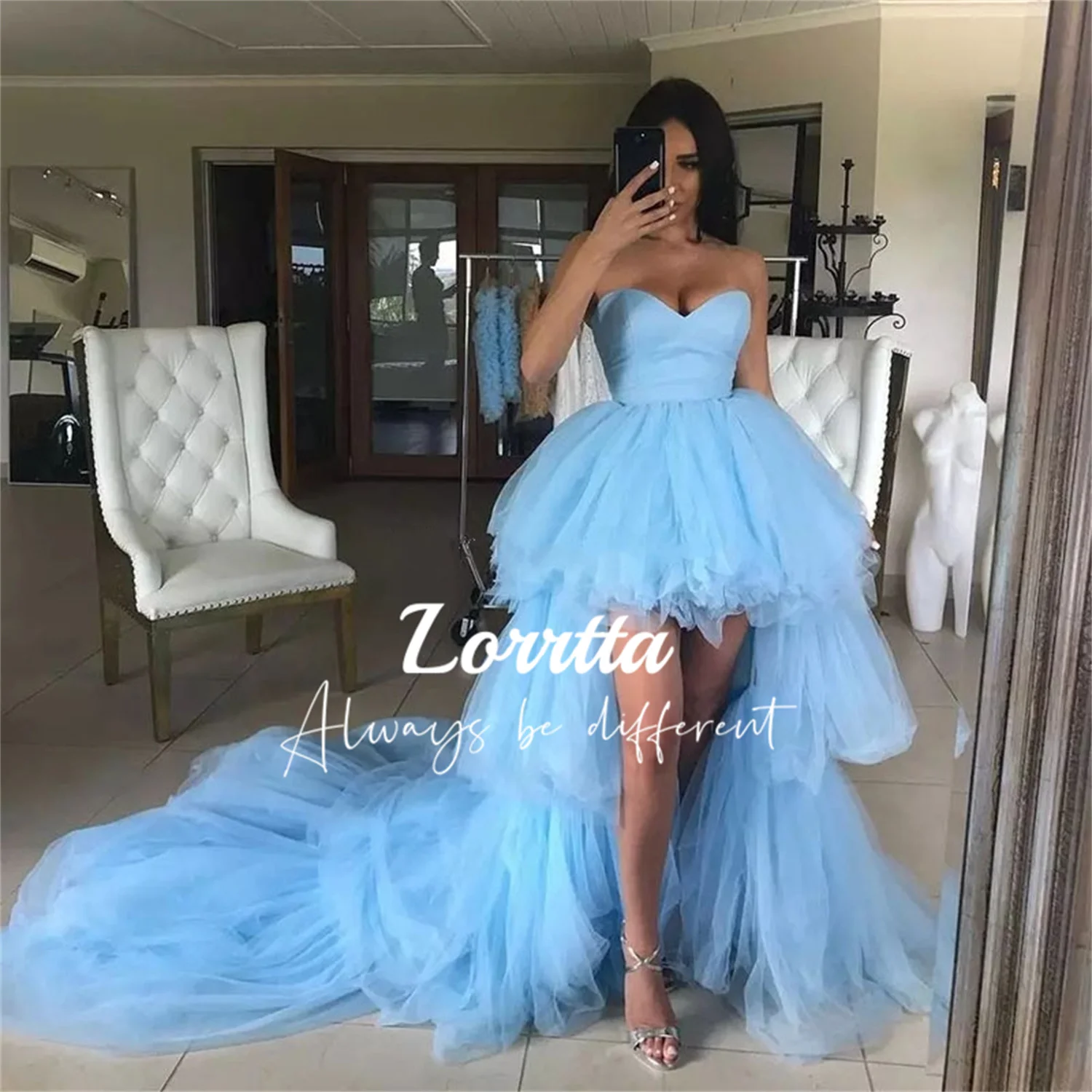 

Lorrtta High Low Evening Gown Sweetheart Tiered Tulle Blue Prom Gown Short Front Long Back Graduation Party Dress Princess Dress