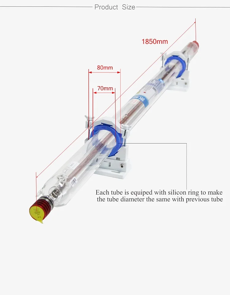 Yongli H8 150W Max. 180W 1850mm Dia. 70mm Co2 Glass Laser Tube With II-VI Lens Metal Head