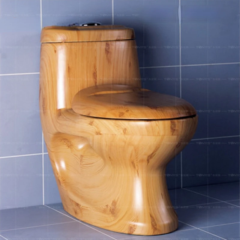 Genuine wood-print siphon ceramic toilet solid wood-colored toilet conjoined toilet personality creative toilet Closestool WC