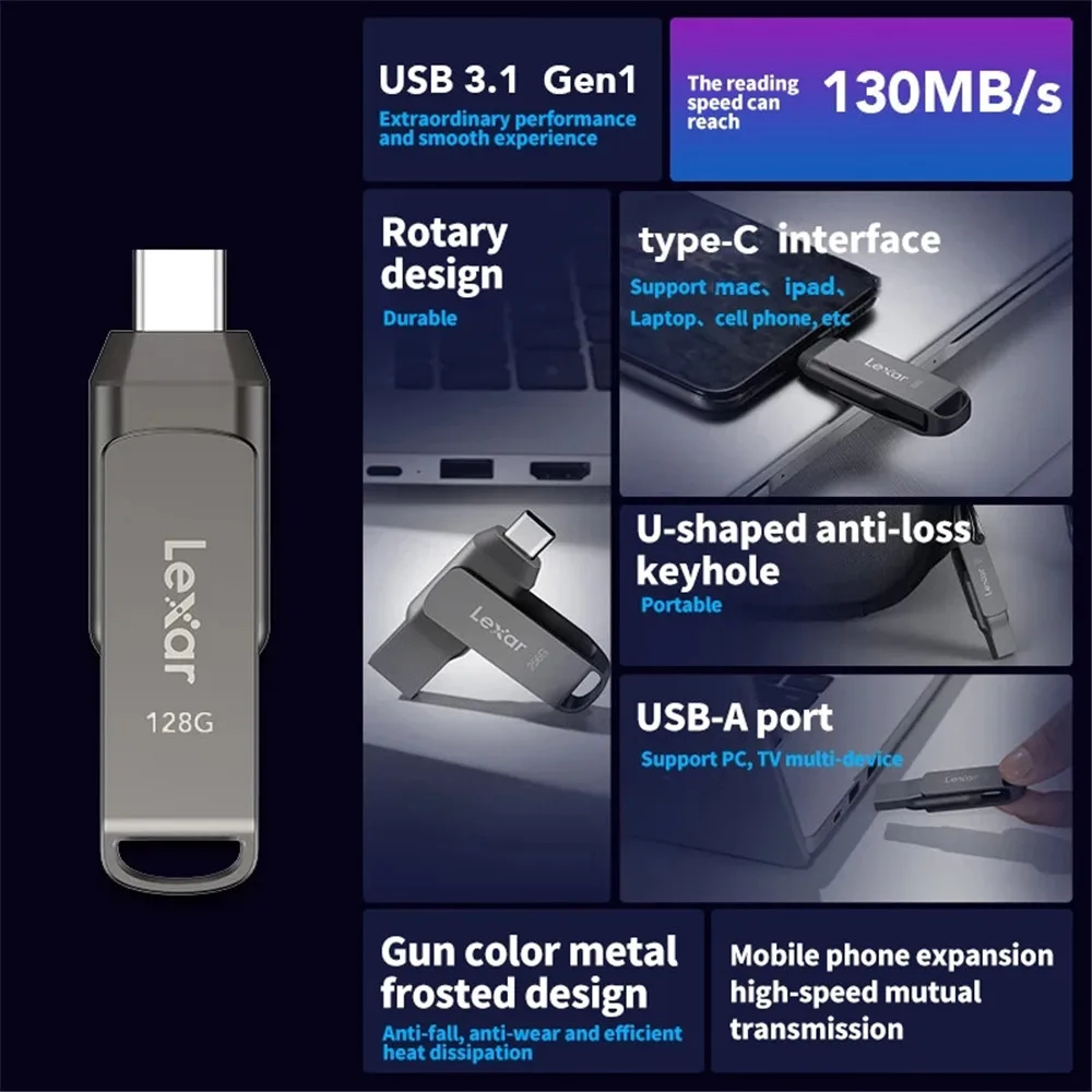 محركات Lexar 64GB Type-C ثنائية المنفذ U 128GB D400 USB 3.1 256GB 130MB/s محرك فلاش معدني للهاتف المحمول والكمبيوتر 32GB 100MB/s