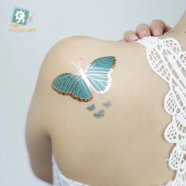 Rocooart Schmetterling Flash Tattoos Metallic Federn gefälschte Tätowierung Taty Body Art wasserdichte temporäre Tattoo Aufkleber Henna Tattoo