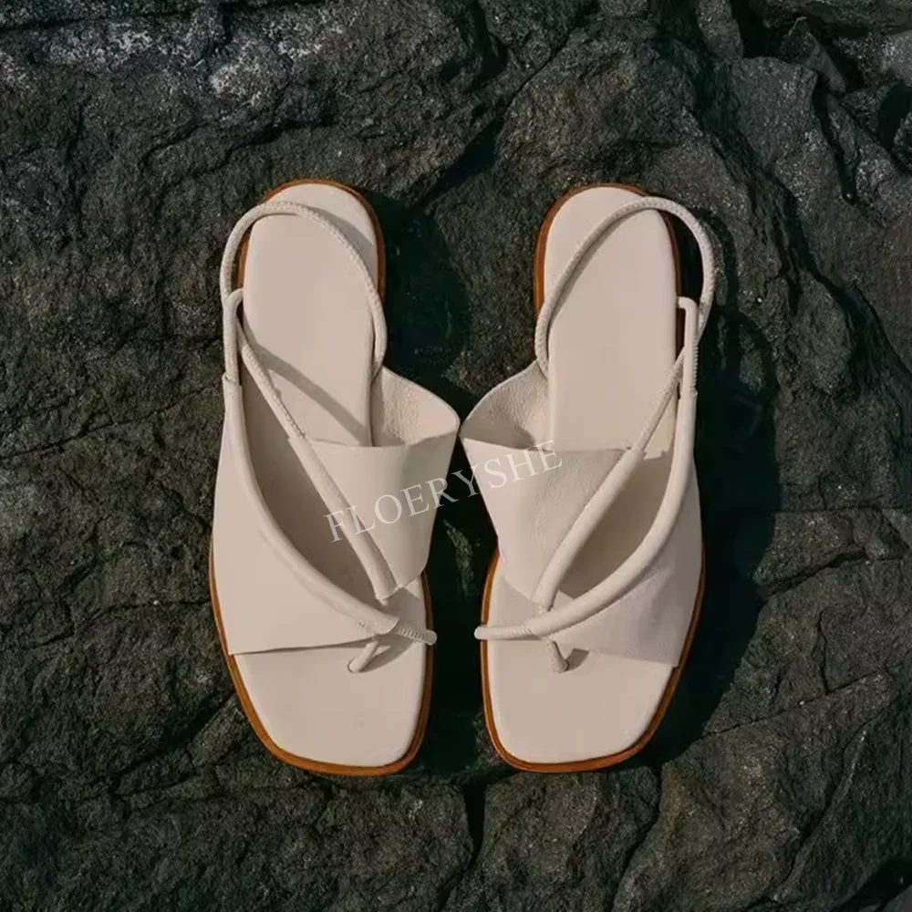 

White Summer Flat Sandals New Arrival Solid Leather Square Toe Fashion Retro Flip-flops All-match Beach Shoes