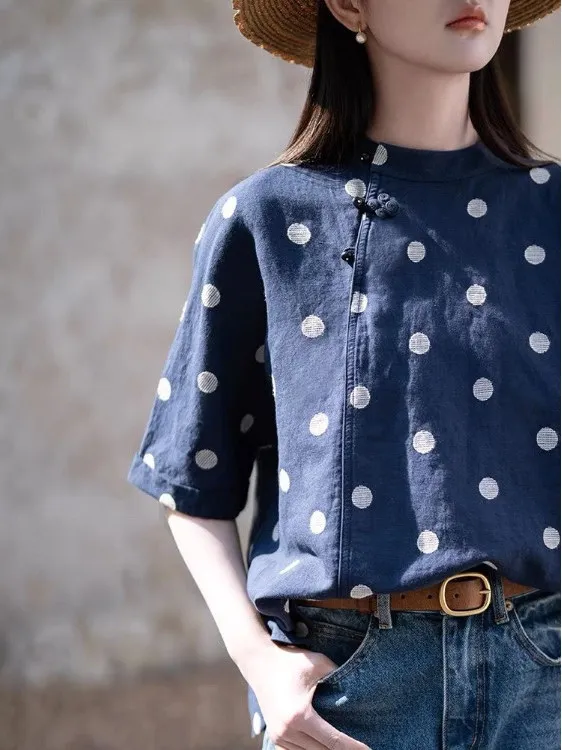 قميص نسائي صيفي غير رسمي من الكتان مقاس كبير مطرز بنقاط بولكا على الطراز الفني قميص تنحيف بأكمام خمسة للتنقل