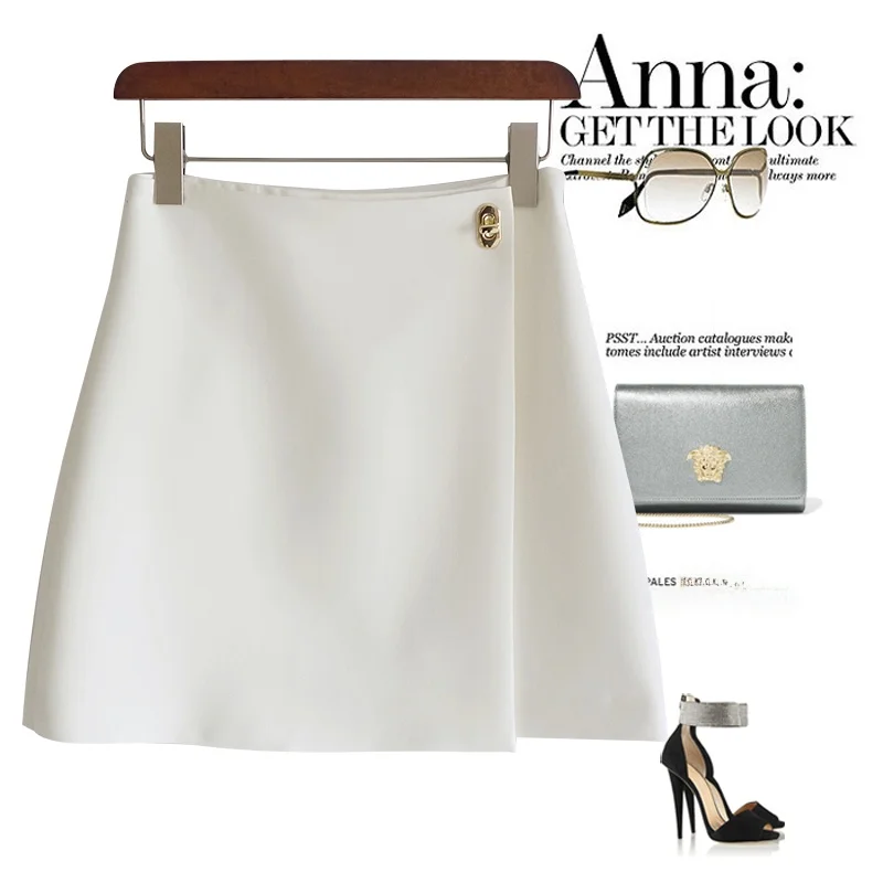 

Юбка трапециевидной формы с белым крестом и высокой талией, золотые пуговицы, повседневная женская юбка из полиэфирного волокна Faion Ci Commute