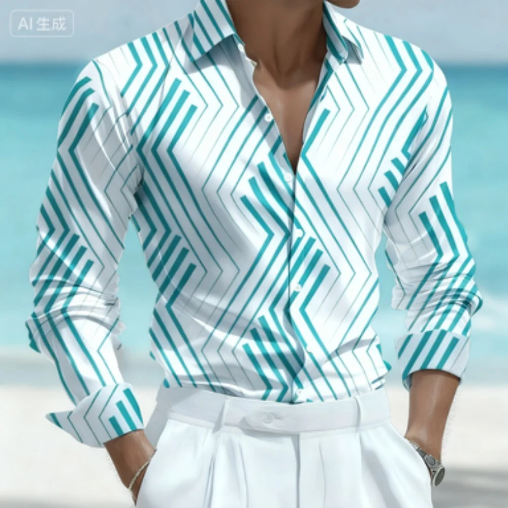 Men's plus Size Long Sleeve Lapel Shirt Fashionable Simple Line Printed Business Casual Autumn Winter Shirt Fast Delivery