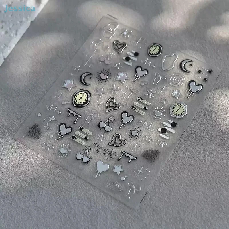 ♥ ثلاثية الأبعاد مسمار الفن ملصقات الفضة الحمم البركانية حلقة الكرز ساعة ساعة الحب معدل ضربات القلب الرسم البياني القمر ستار خط القوس خط مانيكير الشارات #5