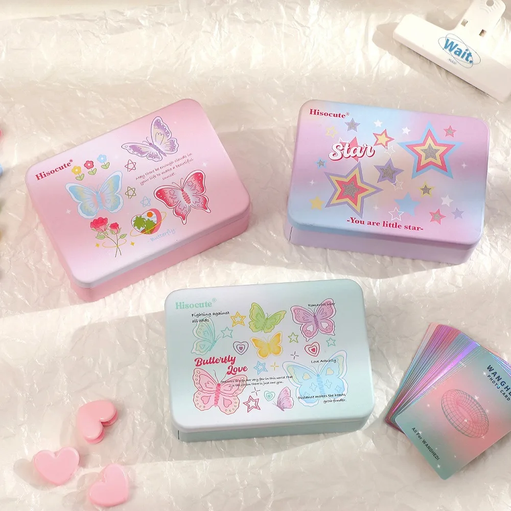 Metal Empty Tin Box School Stationery Rectangular Jewelry Organizer Multifunctional Butterfly Print Idol Photocards Holder