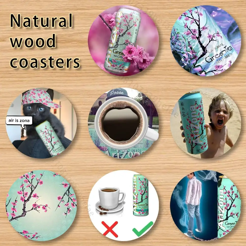 

A-ArizonaES Green Tea Style Vintage 4in Wooden Coasters Coffee Tea Cups Home Decor Christmas New Year Party Gift