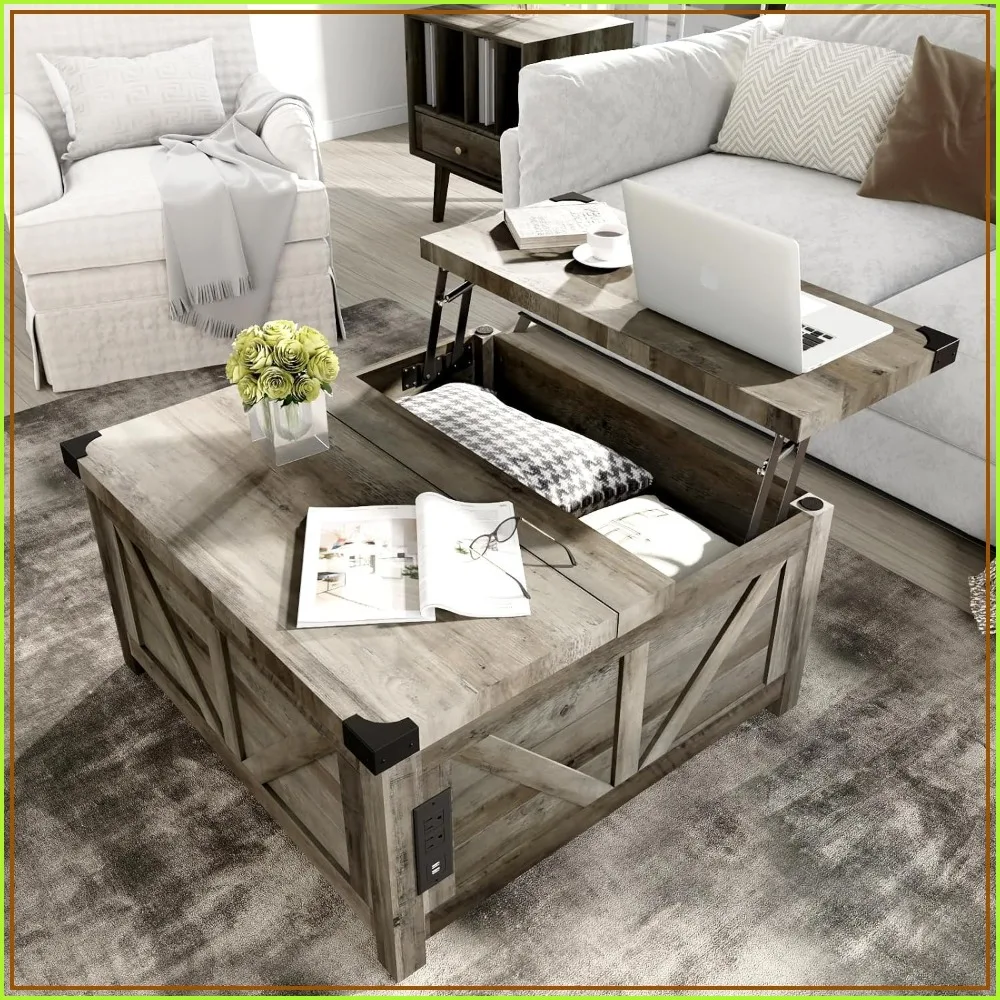 Farmhouse Lift Top Coffee Table with Storage, Wood Square Center Table with Charging Station, Grey