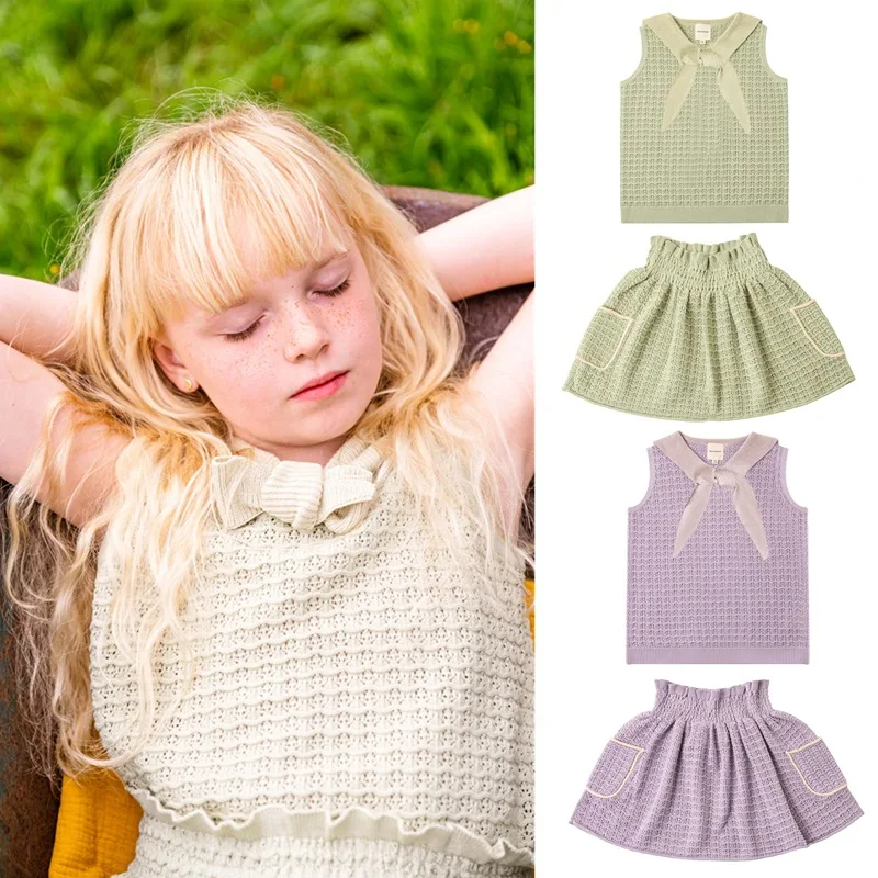 

Children's Summer Baby Set Girls' Cotton Bow Knitted Sleeveless Short Sleeve+Half Pocket Skirt Set 2023