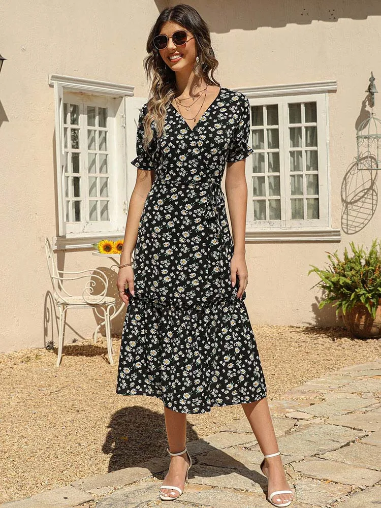 Vestido de verano de gasa con estampado Floral para mujer, vestido largo informal de manga corta con abertura y escote en V, estilo bohemio para playa