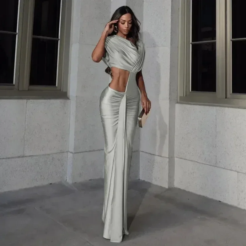 

Irregular Hollow Dress Women Ruched Diagonal Collar Shorts Sleeve Waistless Slits Street Trend Elegant Long Bodycon