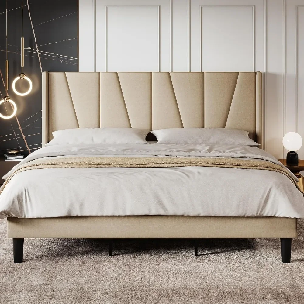 King Size Bed Frame with Geometric Wingback Headboard, Upholstered Platform Bed with 8